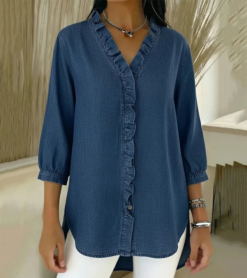 ADELE | Flowing Denim Blouse with V-Neck and Ruffle Detail